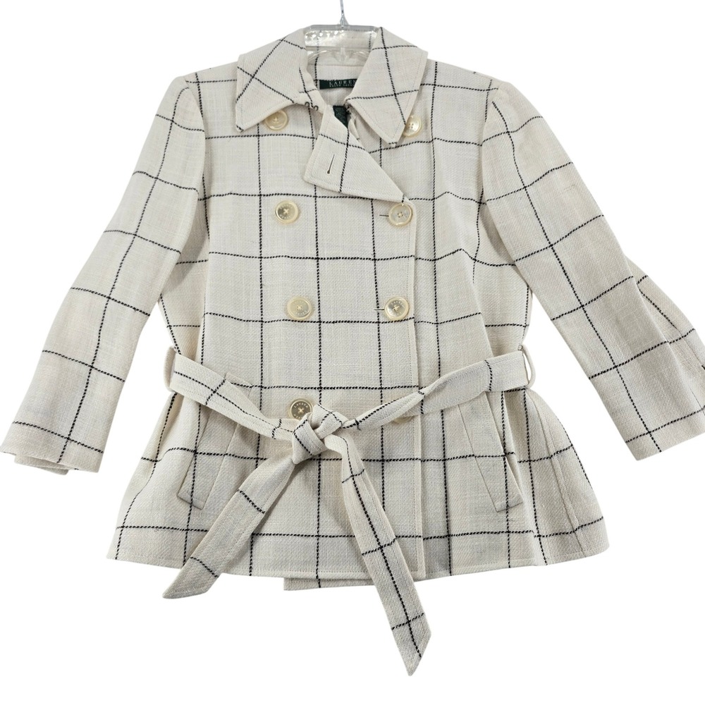 Lauren Ralph Lauren Womens Jacket M Cream Plaid Linen Belted Coat